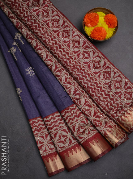 Semi tussar saree dark grey and maroon with butta prints & kantha work and zari woven border