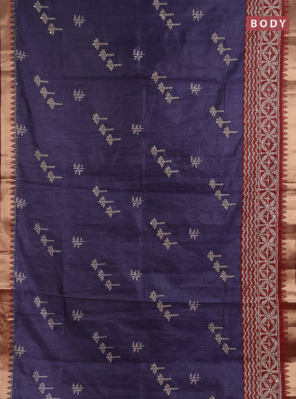 Semi tussar saree dark grey and maroon with butta prints & kantha work and zari woven border
