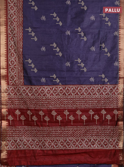 Semi tussar saree dark grey and maroon with butta prints & kantha work and zari woven border