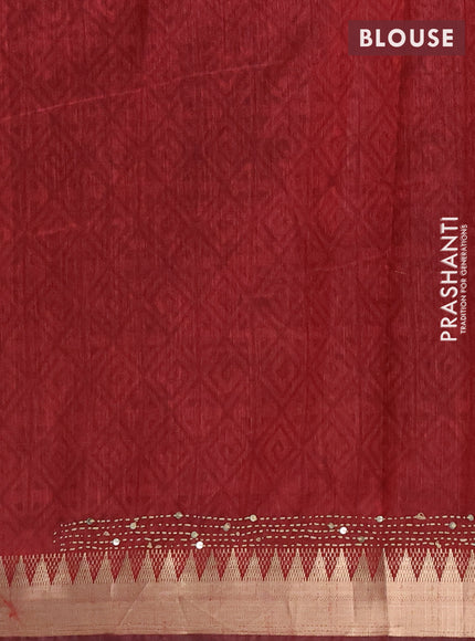 Semi tussar saree dark grey and maroon with butta prints & kantha work and zari woven border