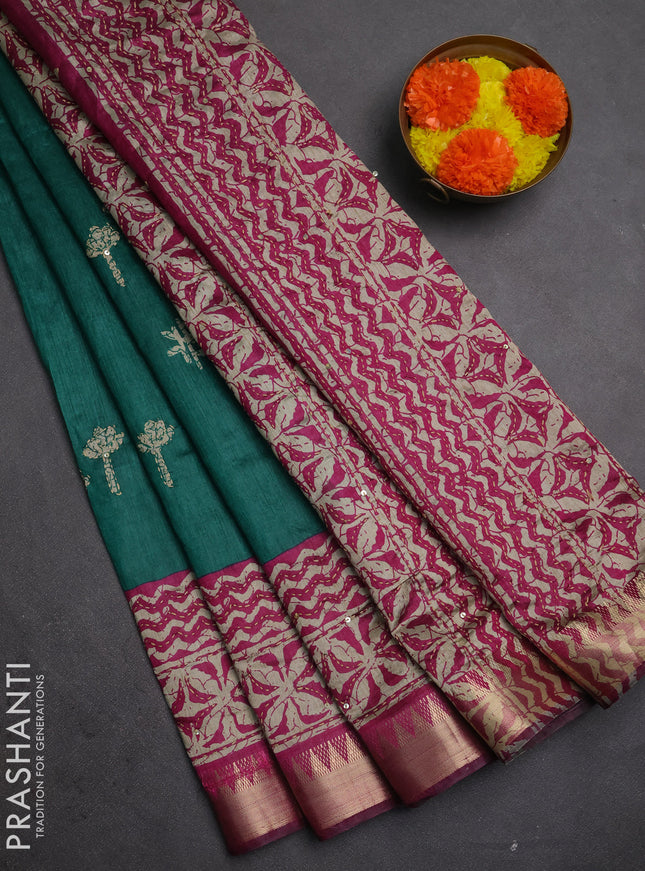 Semi tussar saree green and magenta pink beige with butta prints & kantha work and zari woven border