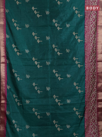 Semi tussar saree green and magenta pink beige with butta prints & kantha work and zari woven border