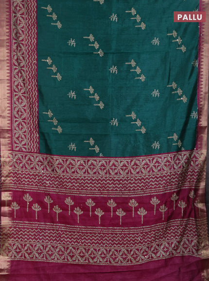 Semi tussar saree green and magenta pink beige with butta prints & kantha work and zari woven border