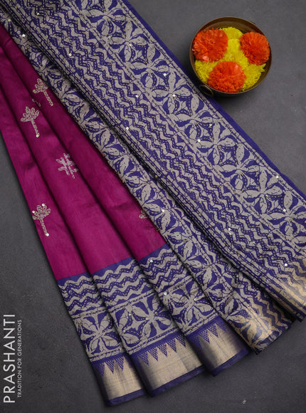 Semi tussar saree magenta pink and blue with butta prints & kantha work and zari woven border