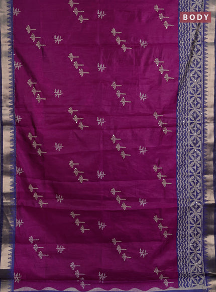 Semi tussar saree magenta pink and blue with butta prints & kantha work and zari woven border