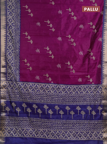 Semi tussar saree magenta pink and blue with butta prints & kantha work and zari woven border