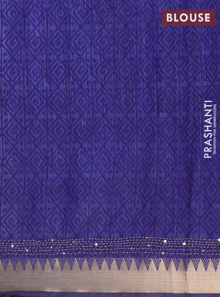Semi tussar saree magenta pink and blue with butta prints & kantha work and zari woven border