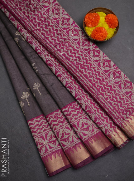 Semi tussar saree greyish brown and purple beige with butta prints & kantha work and zari woven border