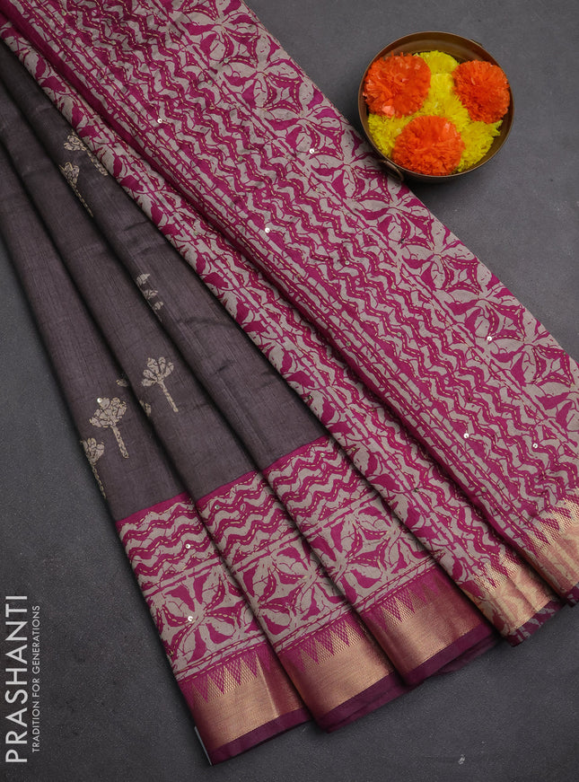 Semi tussar saree greyish brown and purple beige with butta prints & kantha work and zari woven border