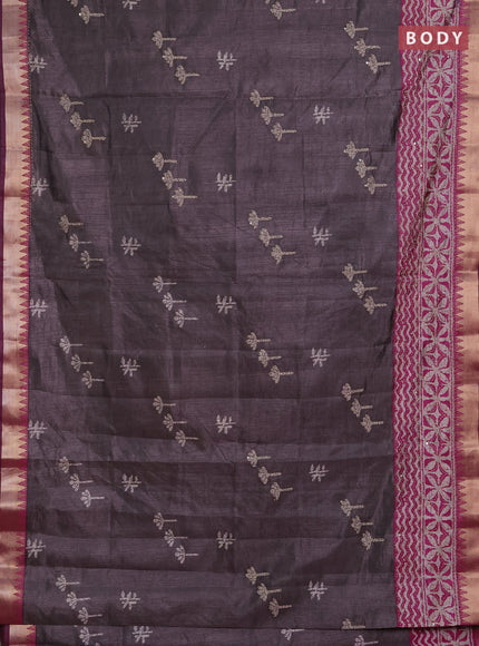 Semi tussar saree greyish brown and purple beige with butta prints & kantha work and zari woven border