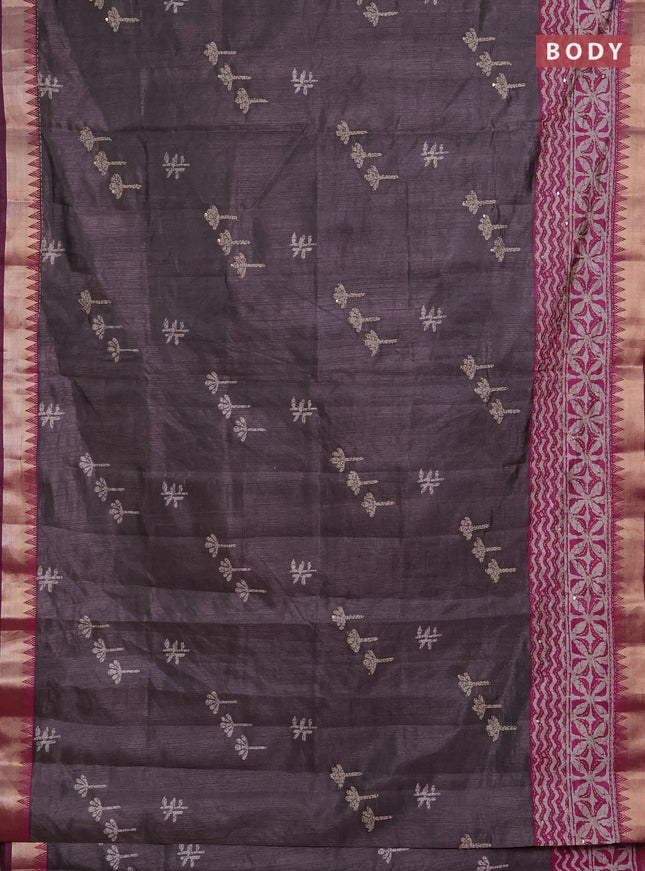 Semi tussar saree greyish brown and purple beige with butta prints & kantha work and zari woven border