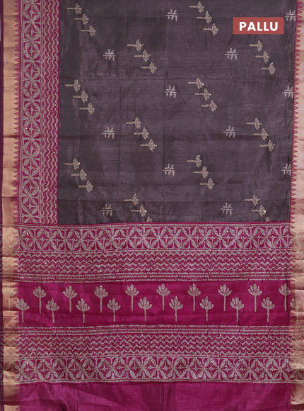 Semi tussar saree greyish brown and purple beige with butta prints & kantha work and zari woven border