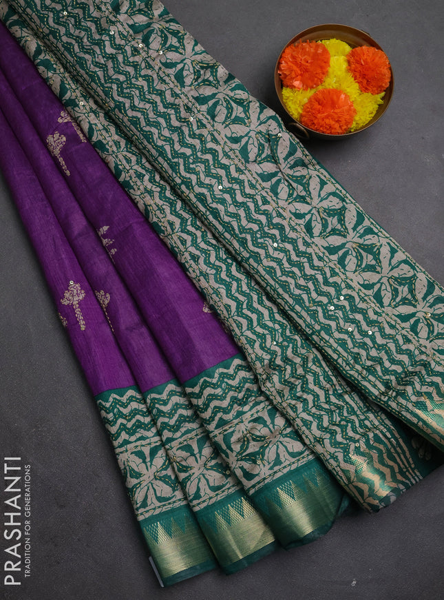 Semi tussar saree purple and peacock green beige with butta prints & kantha work and zari woven border