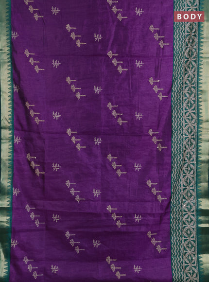 Semi tussar saree purple and peacock green beige with butta prints & kantha work and zari woven border