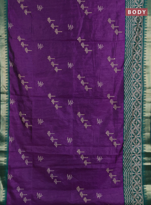 Semi tussar saree purple and peacock green beige with butta prints & kantha work and zari woven border