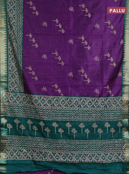 Semi tussar saree purple and peacock green beige with butta prints & kantha work and zari woven border