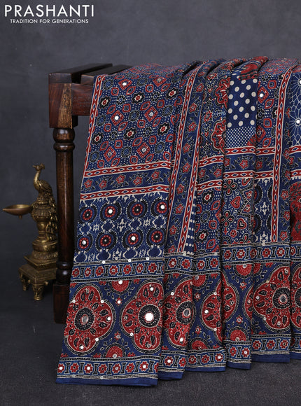 Crepe silk saree indigo blue and maroon with allover ajrakh prints & mirror work embroidery and mirror embroidery pallu