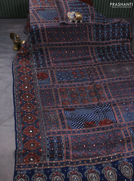 Crepe silk saree indigo blue and maroon with allover ajrakh prints & mirror work embroidery and mirror embroidery pallu