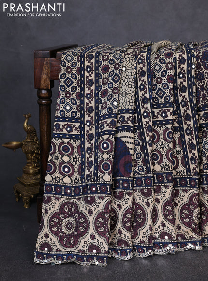 Crepe silk saree beige and wine shade navy blue with allover ajrakh prints & mirror work embroidery and mirror embroidery pallu