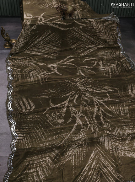 Crepe silk saree mehendi green with allover tie & dye prints and mirror embroidery pallu