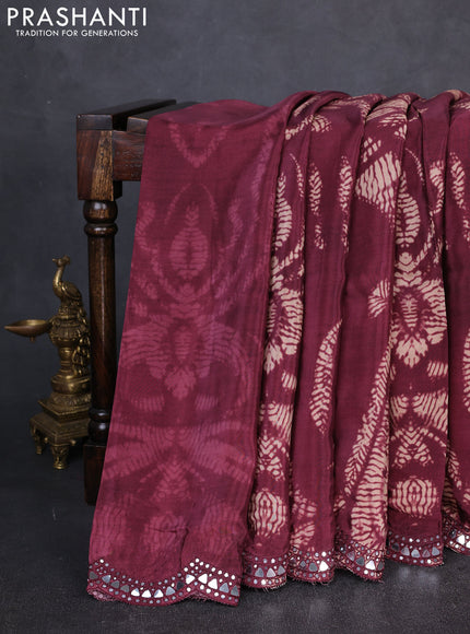 Crepe silk saree wine shade with allover tie & dye prints and mirror embroidery pallu