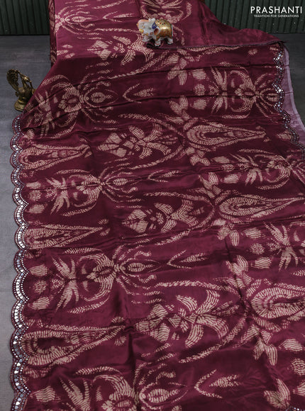 Crepe silk saree wine shade with allover tie & dye prints and mirror embroidery pallu