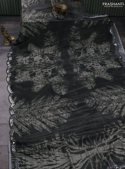 Crepe silk saree greyish green with allover tie & dye prints and mirror embroidery pallu
