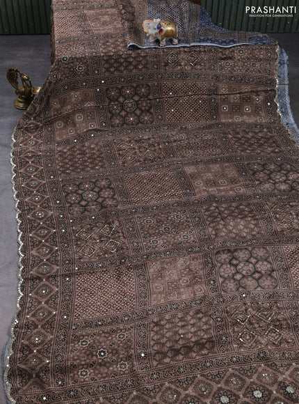 Crepe silk saree brown and bluish grey with allover ajrakh prints & mirror work embroidery and mirror embroidery pallu