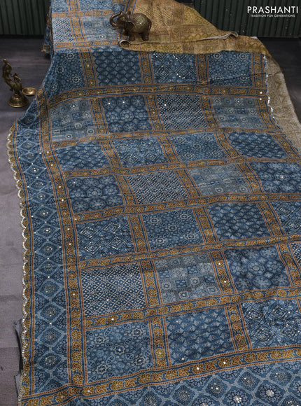 Crepe silk saree bluish grey and dark mustard with allover ajrakh prints & mirror work embroidery and mirror embroidery pallu
