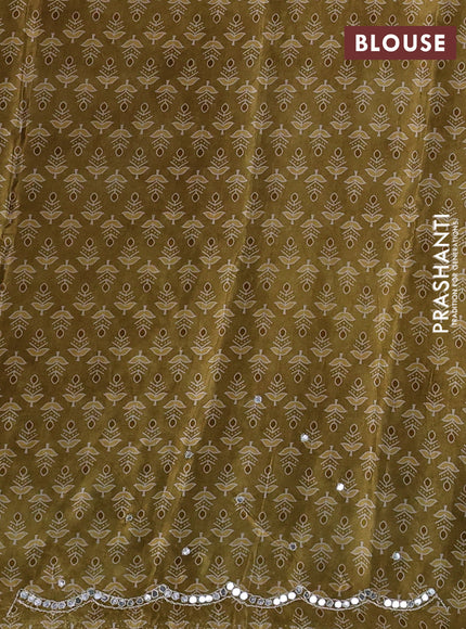Crepe silk saree bluish grey and dark mustard with allover ajrakh prints & mirror work embroidery and mirror embroidery pallu