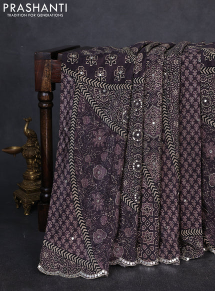 Crepe silk saree elephant grey and pastel purple with allover ajrakh prints & mirror work embroidery and mirror embroidery pallu