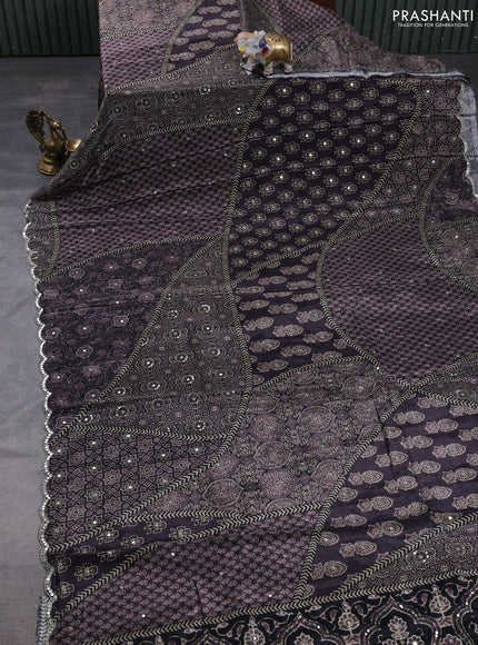 Crepe silk saree elephant grey and pastel purple with allover ajrakh prints & mirror work embroidery and mirror embroidery pallu