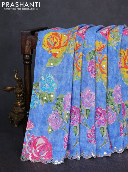 Crepe silk saree blue with allover butta prints & mirror work embroidery and mirror embroidery pallu