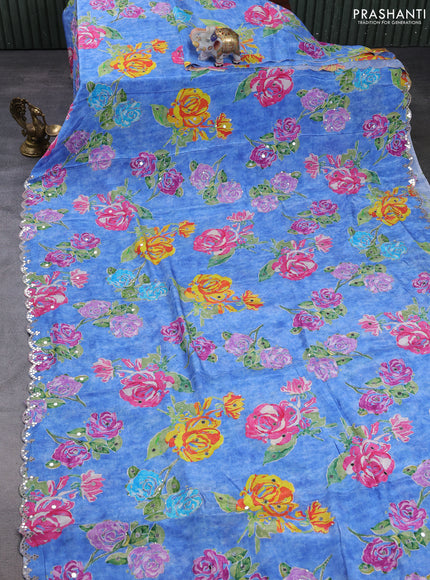 Crepe silk saree blue with allover butta prints & mirror work embroidery and mirror embroidery pallu
