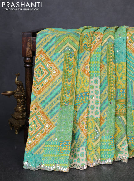 Crepe silk saree teal green and yellow with allover ajrakh prints & mirror work embroidery and mirror embroidery pallu