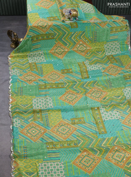 Crepe silk saree teal green and yellow with allover ajrakh prints & mirror work embroidery and mirror embroidery pallu