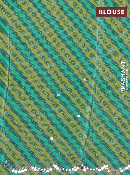 Crepe silk saree teal green and yellow with allover ajrakh prints & mirror work embroidery and mirror embroidery pallu