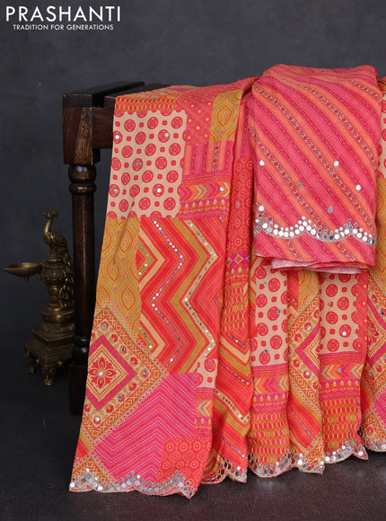 Crepe silk saree multi colour with allover ajrakh prints & mirror work embroidery and mirror embroidery pallu