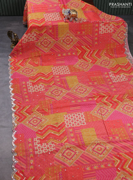 Crepe silk saree multi colour with allover ajrakh prints & mirror work embroidery and mirror embroidery pallu