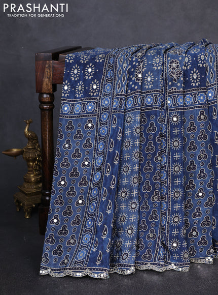 Crepe silk saree indigo blue with allover ajrakh prints & mirror work embroidery and mirror embroidery pallu