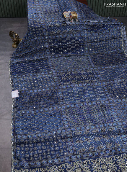 Crepe silk saree indigo blue with allover ajrakh prints & mirror work embroidery and mirror embroidery pallu