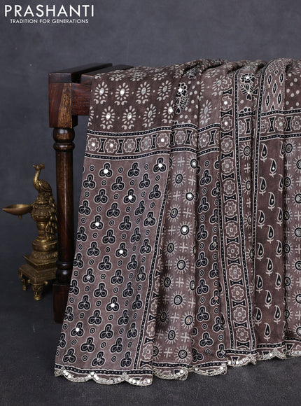 Crepe silk saree grey with allover ajrakh prints & mirror work embroidery and mirror embroidery pallu