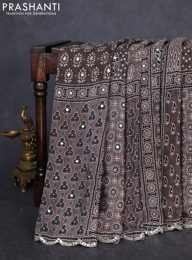 Crepe silk saree grey with allover ajrakh prints & mirror work embroidery and mirror embroidery pallu