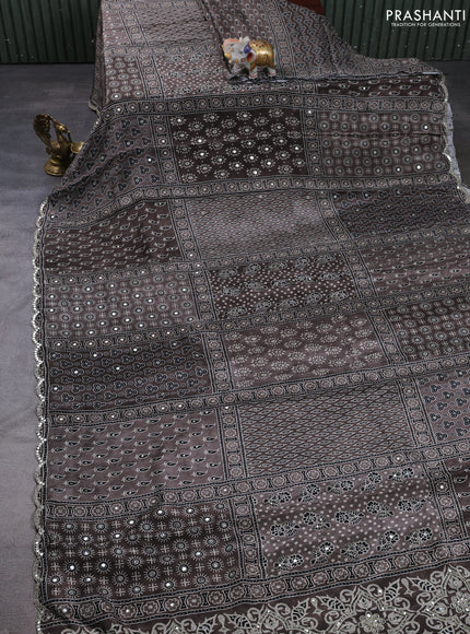 Crepe silk saree grey with allover ajrakh prints & mirror work embroidery and mirror embroidery pallu