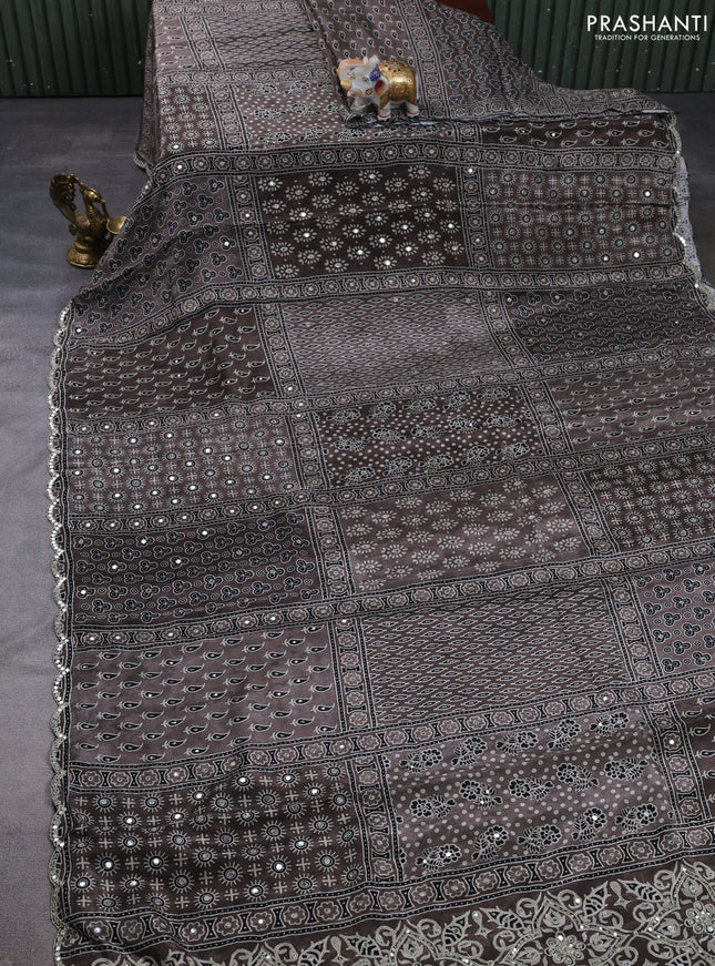 Crepe silk saree grey with allover ajrakh prints & mirror work embroidery and mirror embroidery pallu