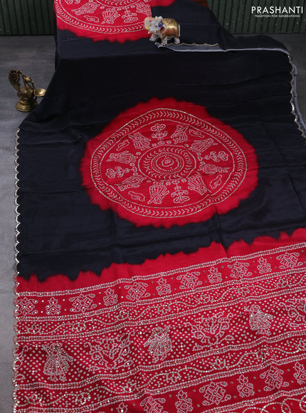 Crepe silk saree red and black with allover bandhani prints and mirror embroidery pallu