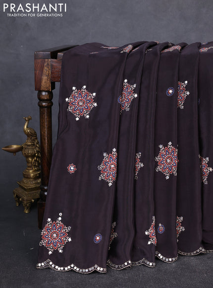 Crepe silk saree coffee brown with allover ajrakh butta prints & mirror work embroidery and mirror embroidery pallu