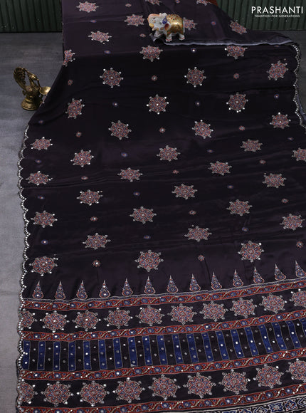 Crepe silk saree coffee brown with allover ajrakh butta prints & mirror work embroidery and mirror embroidery pallu