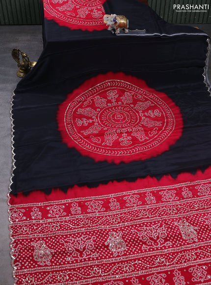 Crepe silk saree red and black with allover bandhani prints and mirror embroidery pallu