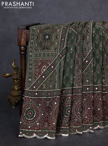 Crepe silk saree olive green and wine shade with allover ajrakh prints & mirror work embroidery and mirror embroidery pallu